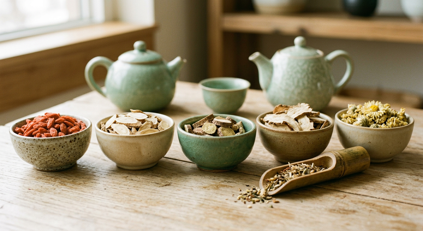 Dried Chinese herbs in small ceramic bowls on a wooden table