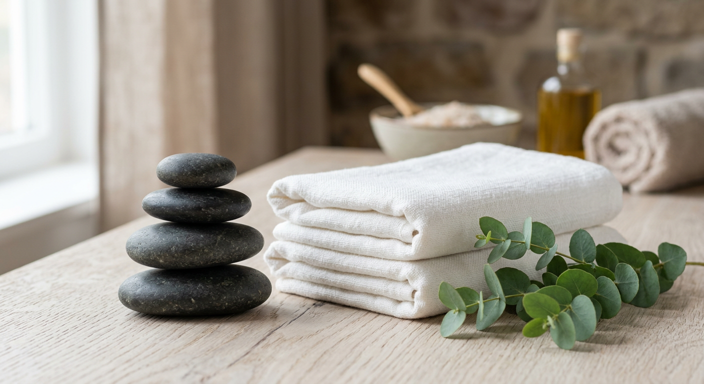 Smooth dark stones beside folded white towels and a green leaf
